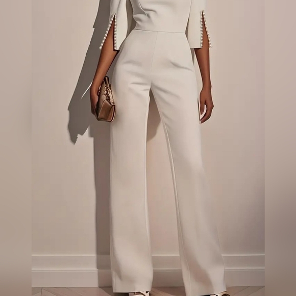 Wide-Leg Ivory Jumpsuit with Slit-Sleeve Detail - Picture 4 of 9